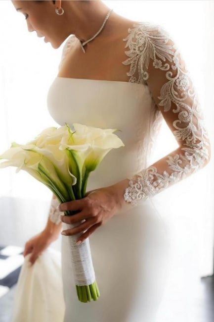 Dressystars Column Satin Lace Sleeve White Wedding Dress Bridal Gown With Appliques