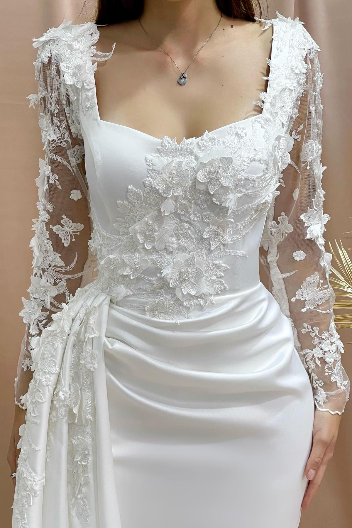 Dressystars Column Wedding Dress Off The Shoulder Sleeve Appliques Satin Lace Bridal Gown