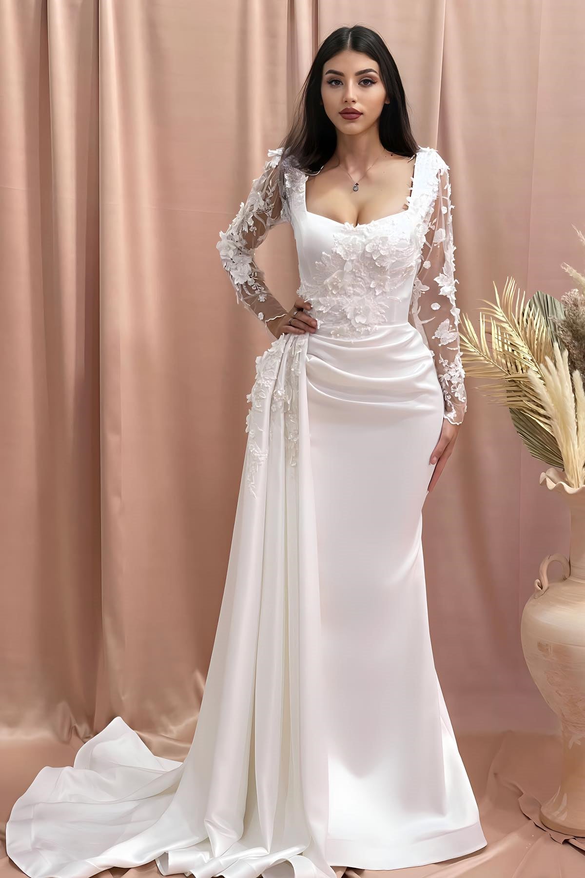 Dressystars Column Wedding Dress Off The Shoulder Sleeve Appliques Satin Lace Bridal Gown