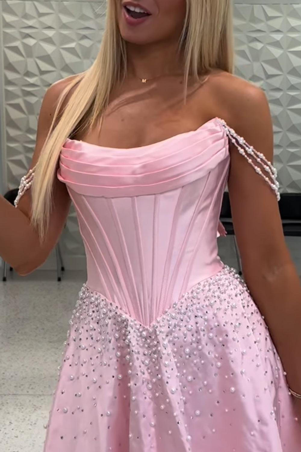 Dressystars Corset Pink Off the Shoulder Pearls Short Homecoming Dress