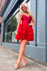 Dressystars Corset Red Homecoming Dress Sweetheart Short Prom Dress With Ruffles