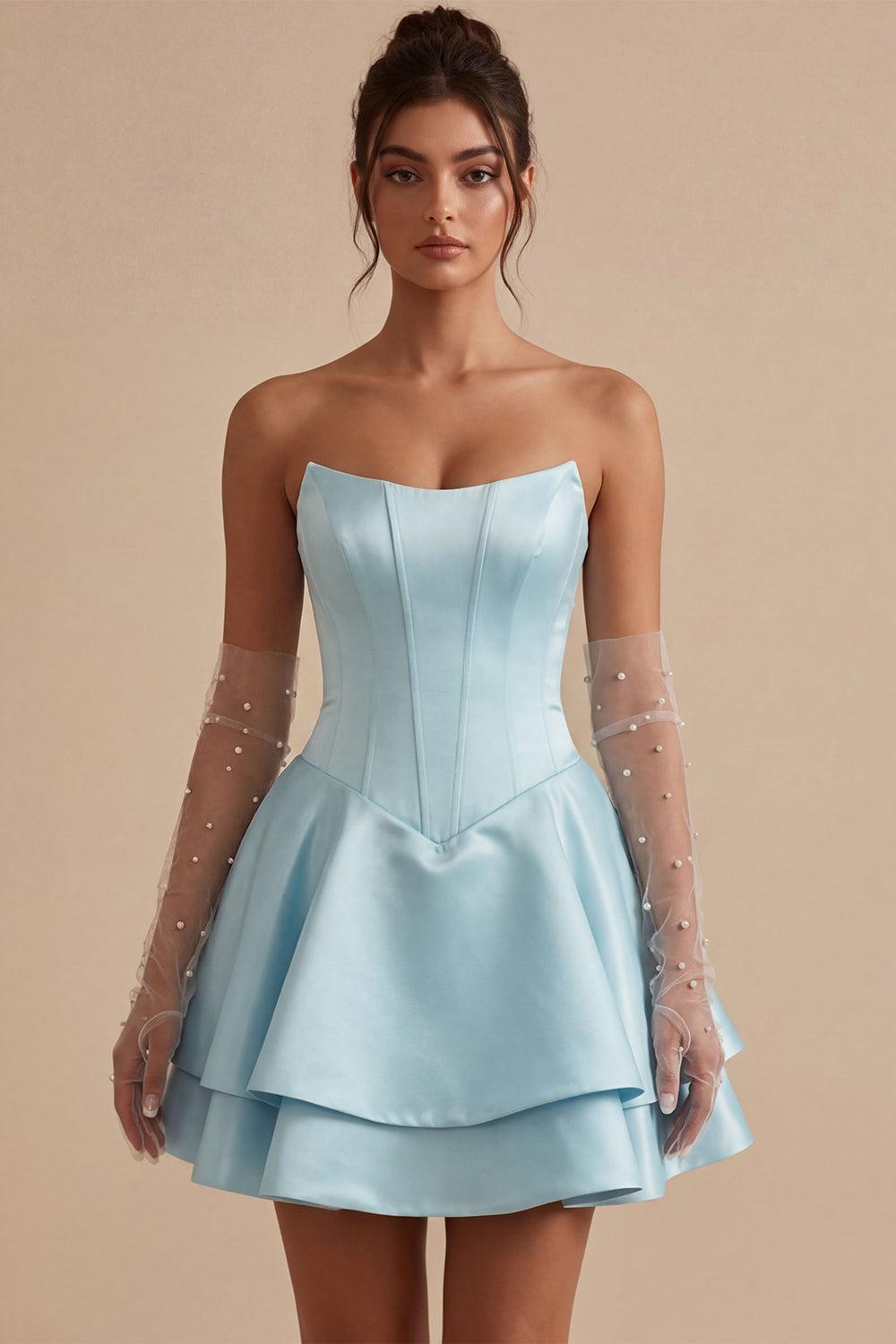 Dressystars Corset Satin Ruffled Sky Blue A Line Short Homecoming Dress