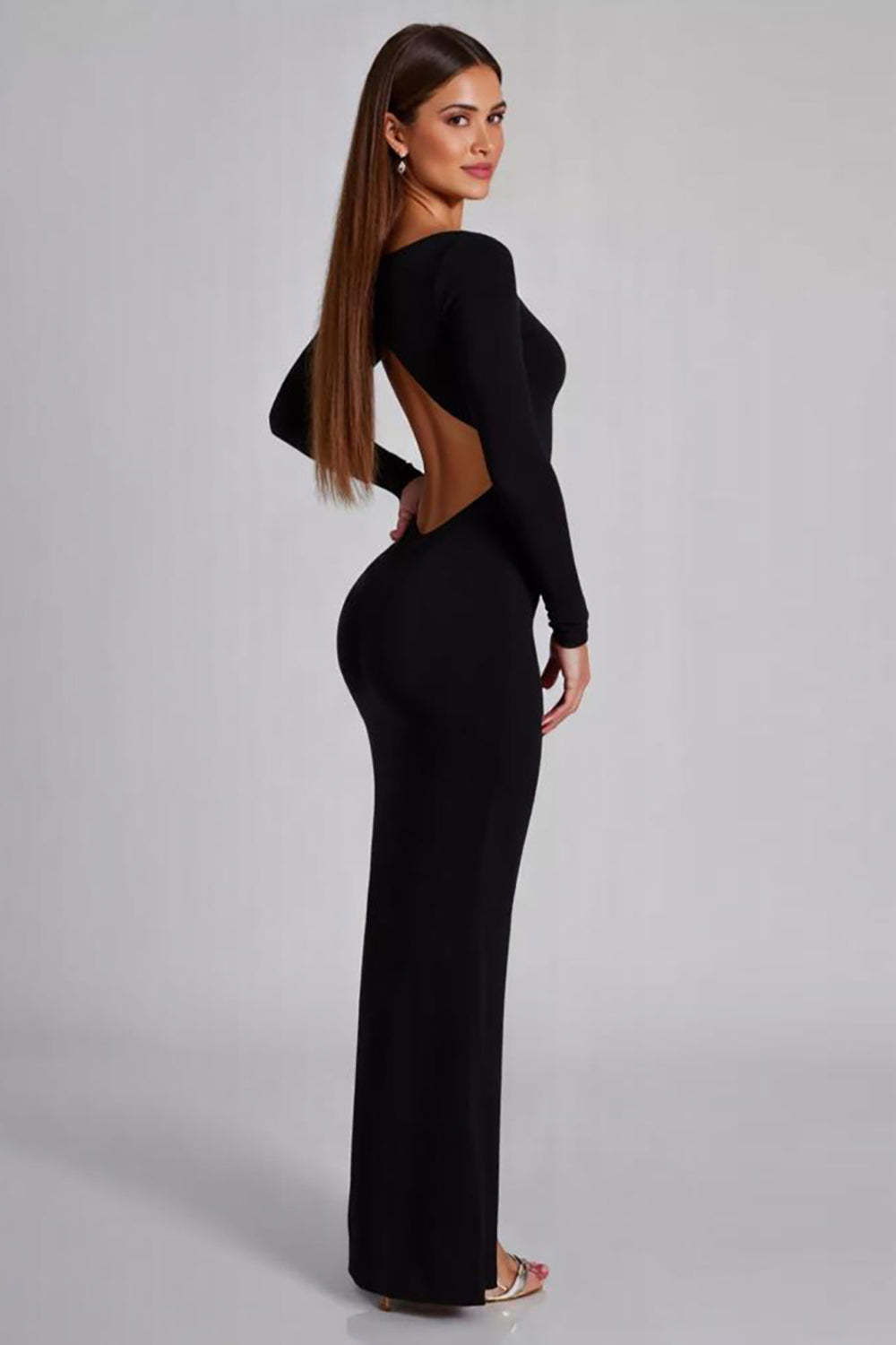 Dressystars Cut Out Jersey Black Wedding Guest Dress Long Sleeves Formal Dress With Slit