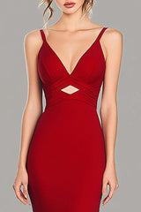 Dressystars Cut Out Red Wedding Guest Dress V-Neck Mermaid Spaghetti Straps Formal Dress
