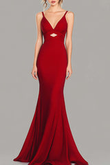 Dressystars Cut Out Red Wedding Guest Dress V-Neck Mermaid Spaghetti Straps Formal Dress
