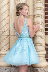 Dressystars Cute A Line Deep V Neck Light Blue Homecoming Dress Short Prom Dress with Appliques