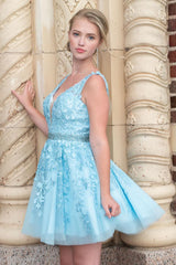 Dressystars Cute A Line Deep V Neck Light Blue Homecoming Dress Short Prom Dress with Appliques