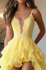 Dressystars Daffodil Yellow Tiered A-Line High-Low Chiffon Prom Dress with Appliques