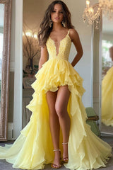 Dressystars Daffodil Yellow Tiered A-Line High-Low Chiffon Prom Dress with Appliques