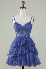Dressystars Dark Blue Homecoming Dress Corset Top Spaghetti Straps A-Line Lace Short Prom Dress