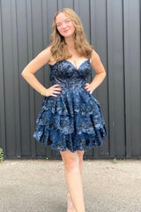 Dressystars Dark Blue Homecoming Dress Corset Top Spaghetti Straps A-Line Lace Short Prom Dress