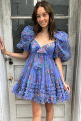 Dressystars Dark Blue Homecoming Dress Puff Sleeves A-Line Floral Short Prom Dress with Ruffles