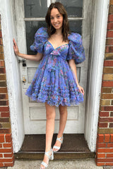 Dressystars Dark Blue Homecoming Dress Puff Sleeves A-Line Floral Short Prom Dress with Ruffles