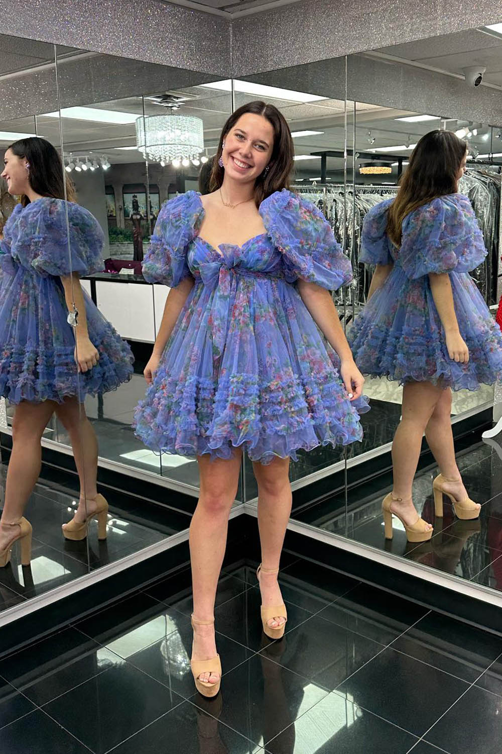 Dressystars Dark Blue Homecoming Dress Puff Sleeves A-Line Floral Short Prom Dress with Ruffles