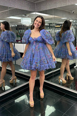 Dressystars Dark Blue Homecoming Dress Puff Sleeves A-Line Floral Short Prom Dress with Ruffles