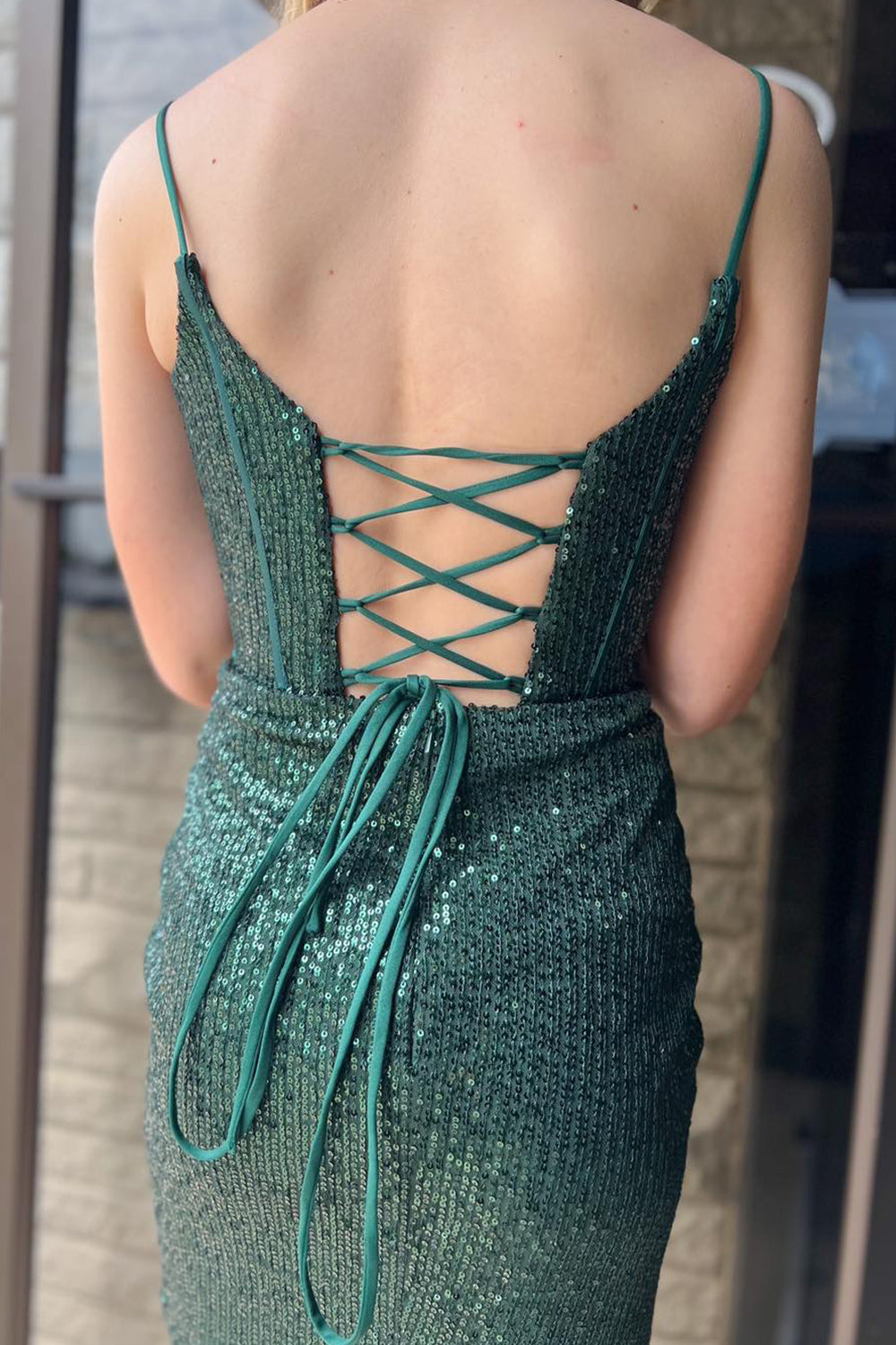 Dressystars Dark Green Homecoming Dress Corset Sequin Sleeveless Tight Prom Dress