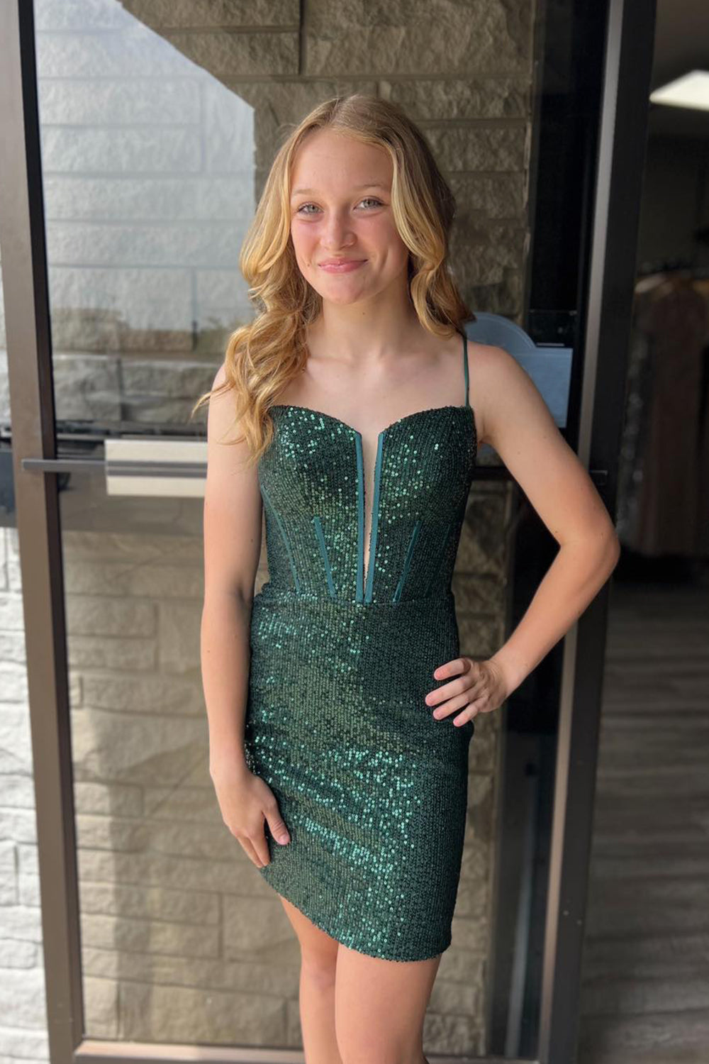 Dressystars Dark Green Homecoming Dress Corset Sequin Sleeveless Tight Prom Dress