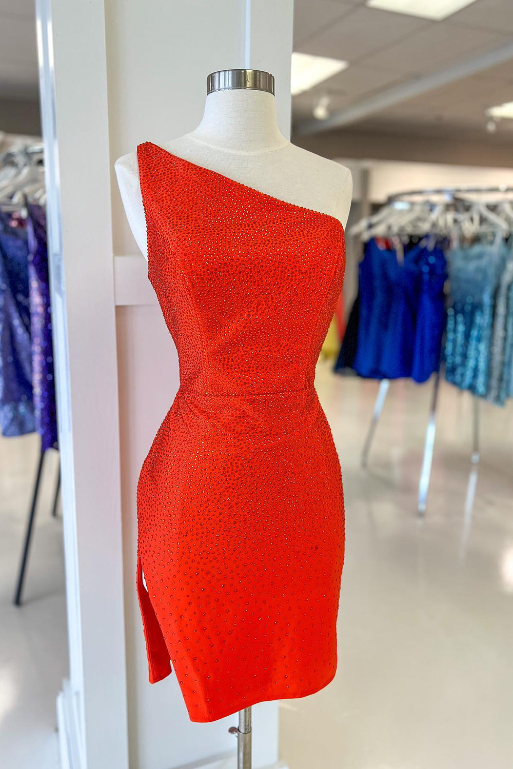 Dressystars Dark Green Homecoming Dress Sequin One Shoulder Tight Prom Dress with Slit