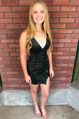 Dressystars Dark Green Homecoming Dress Sequined Tight Short Prom Dress with Slit