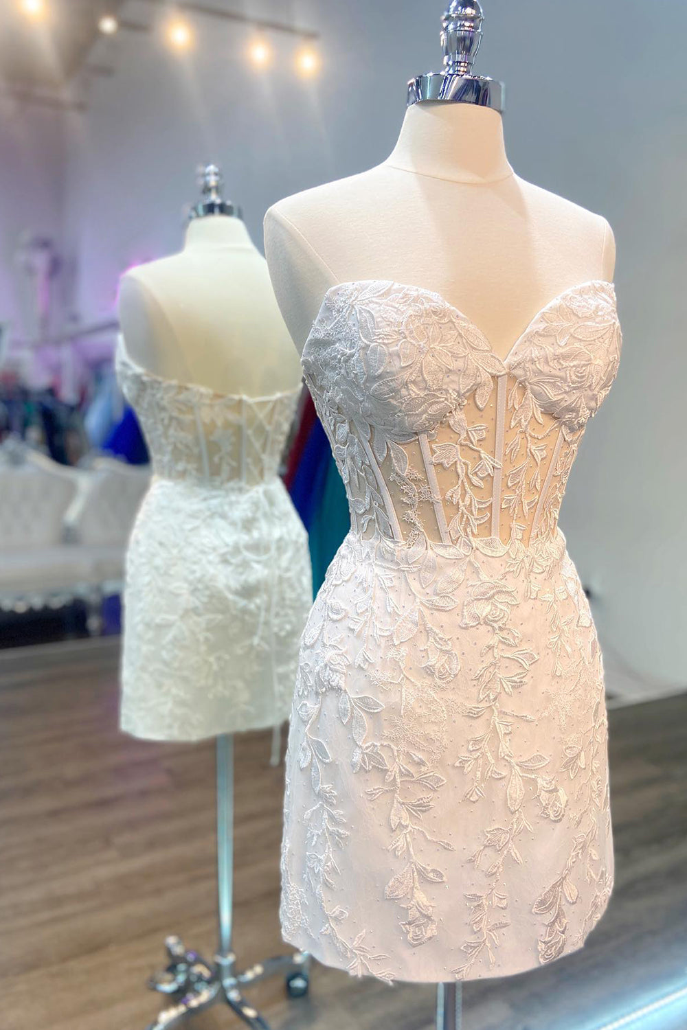 Dressystars Dark Green Homecoming Dress Strapless Corset Tight Short Prom Dress with Appliques