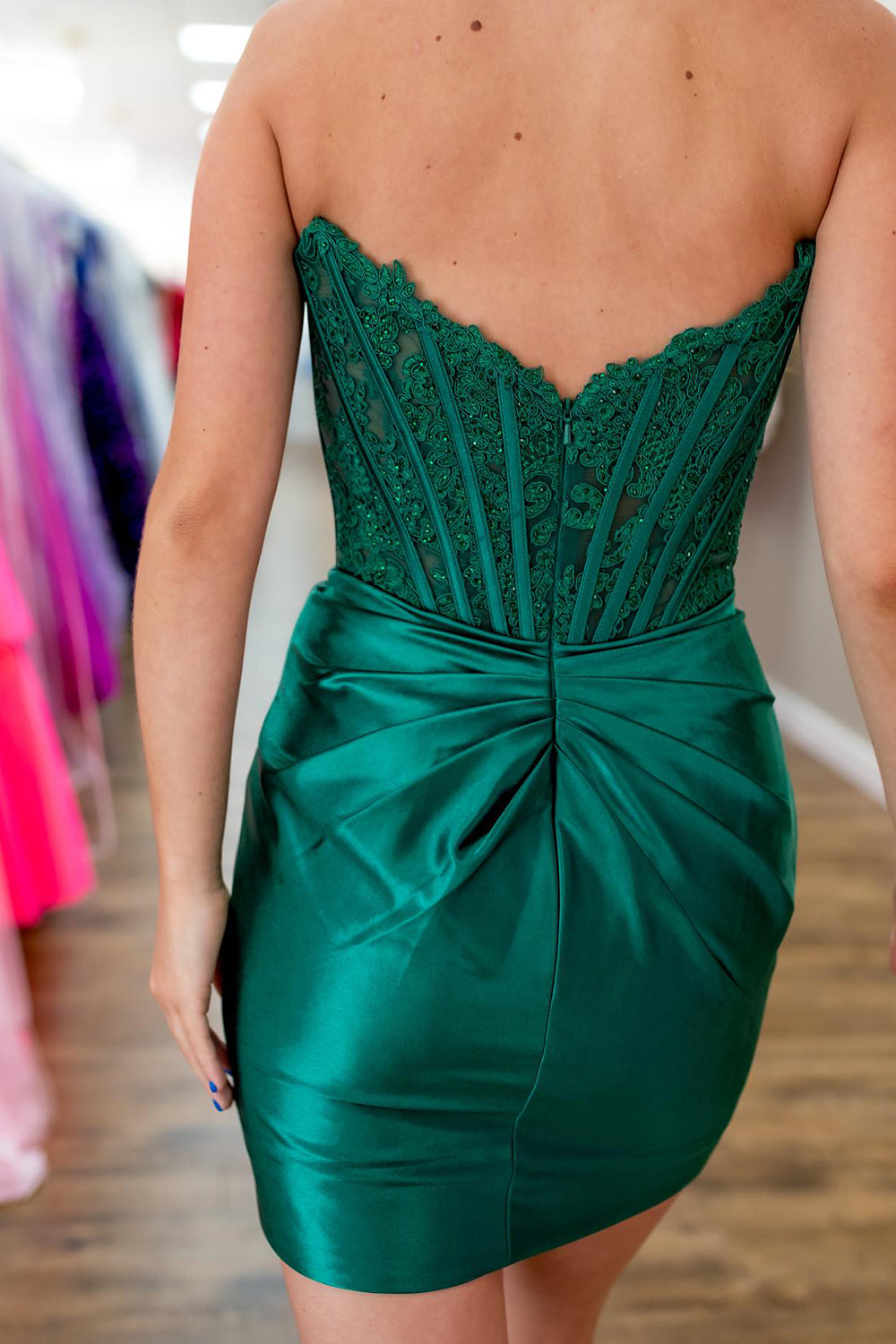 Dressystars Dark Green Homecoming Dress Strapless Satin Corset Tight Short Prom Dress (Gloves not Included)
