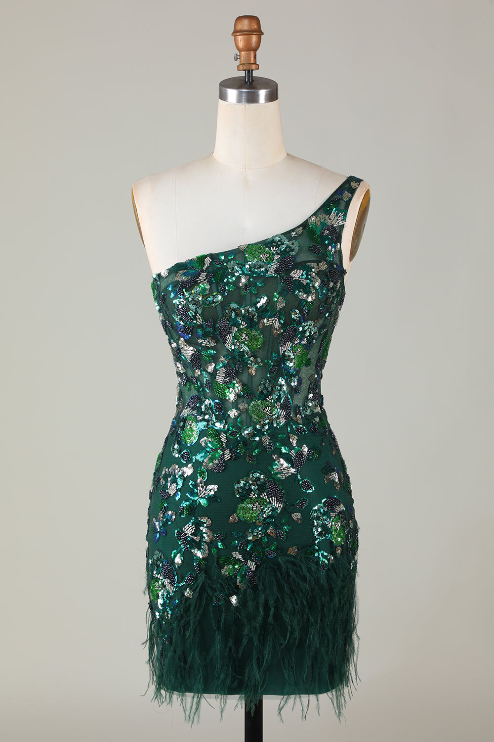 Dressystars Dark Green One Shoulder Sequined Short Homecoming Dress with Feathers