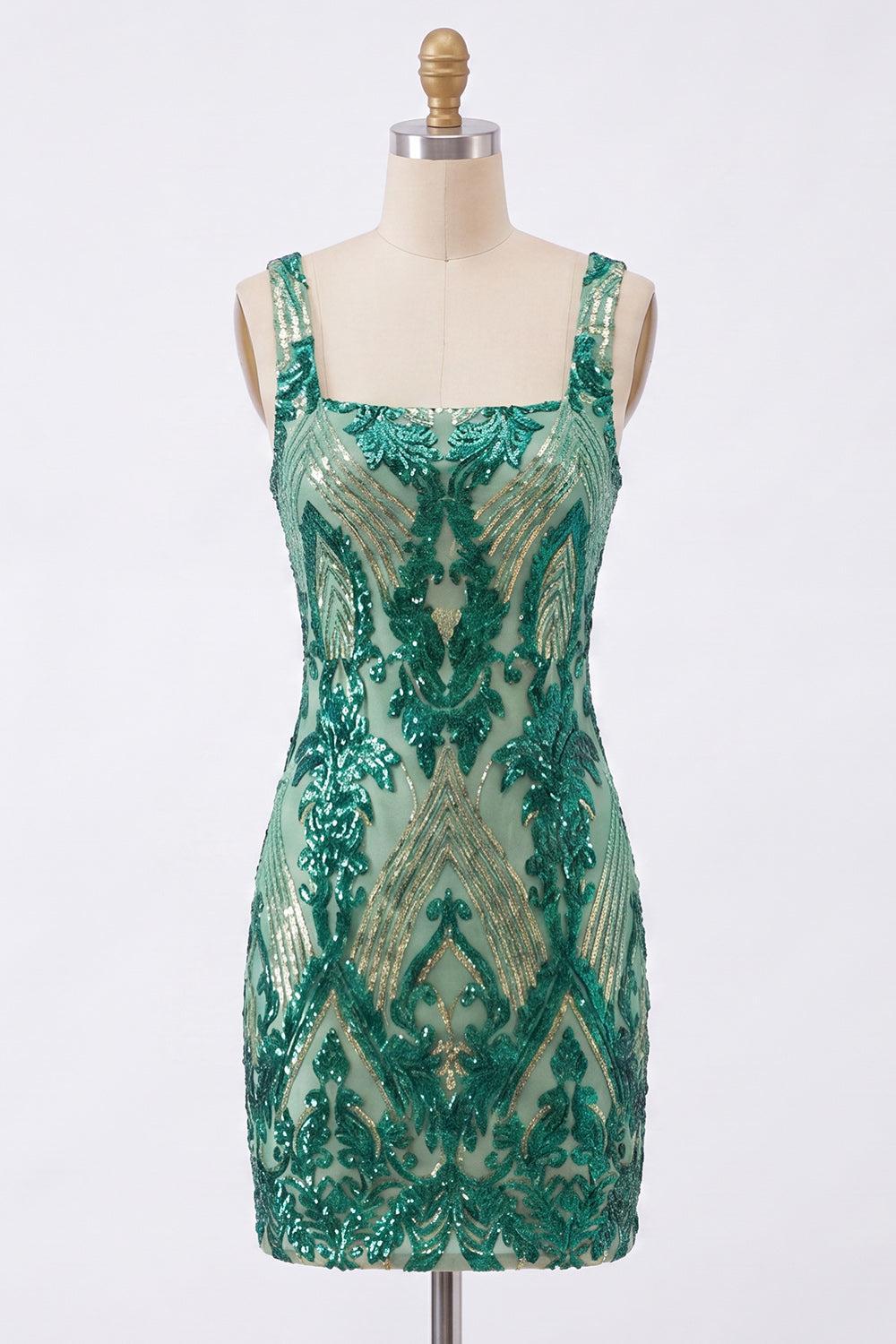 Dressystars Dark Green Square Neck Sequin Tight Short Homecoming Dress