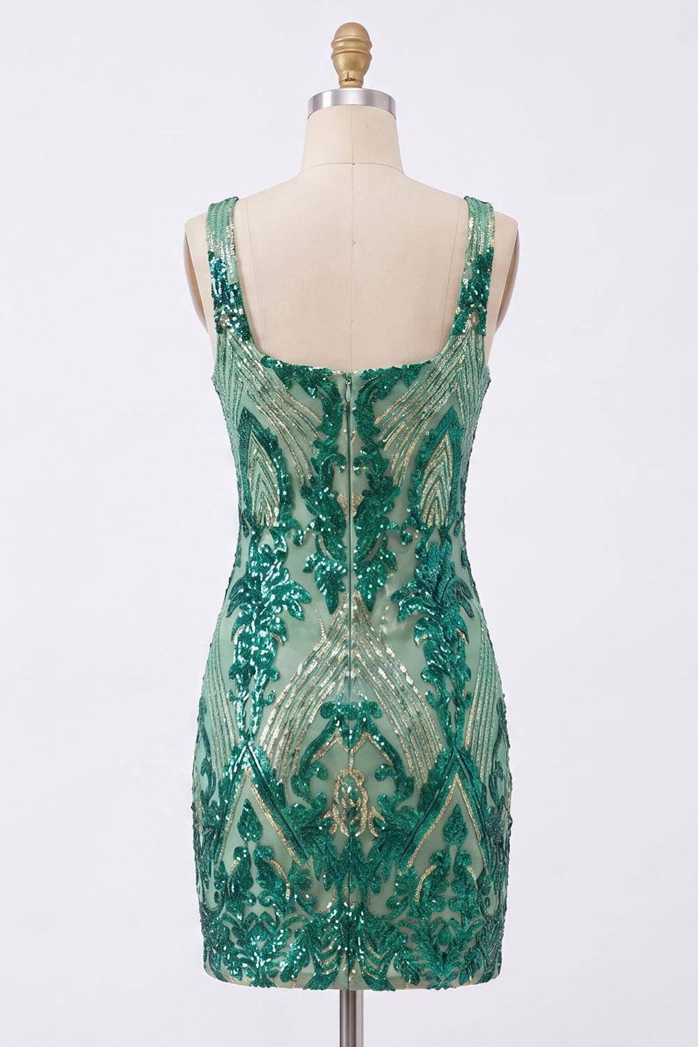 Dressystars Dark Green Square Neck Sequin Tight Short Homecoming Dress