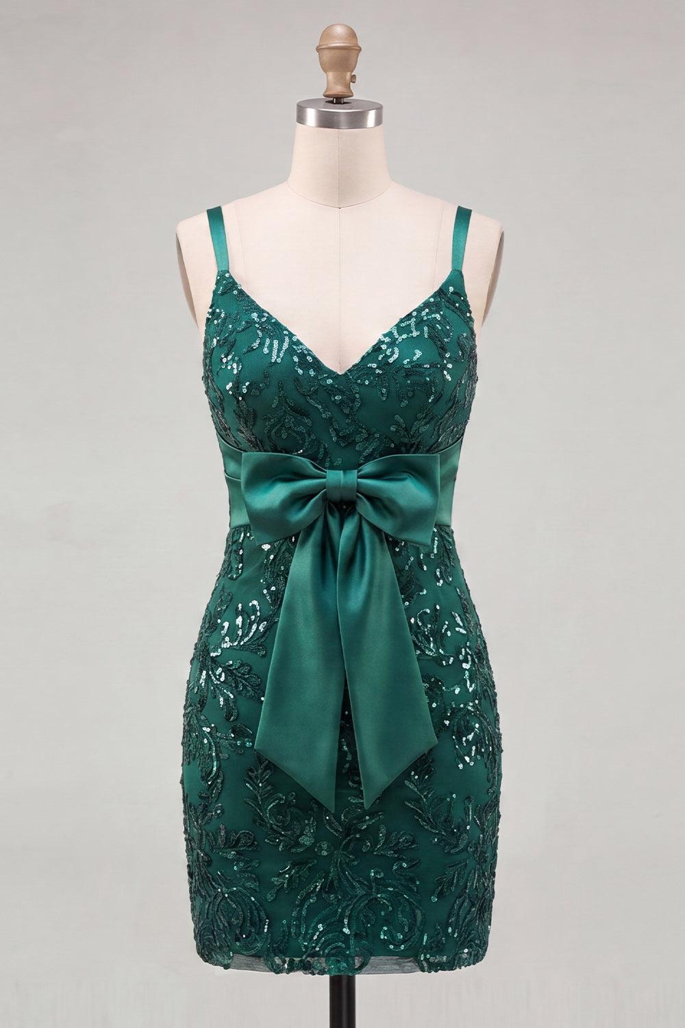 Dressystars Dark Green Tight Sequin Short Homecoming Dress with Bow