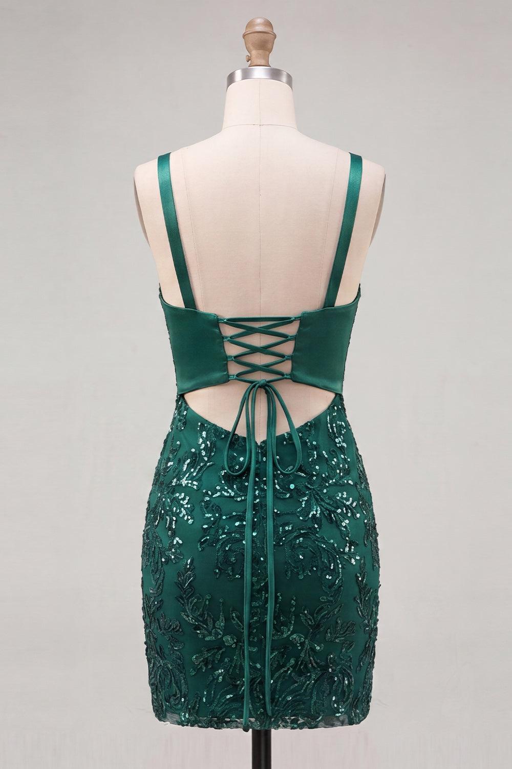 Dressystars Dark Green Tight Sequin Short Homecoming Dress with Bow