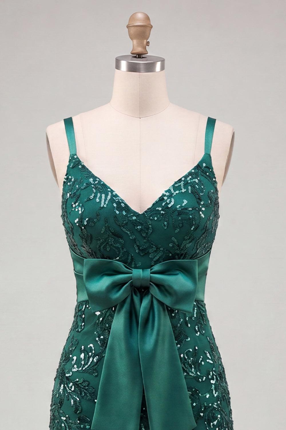 Dressystars Dark Green Tight Sequin Short Homecoming Dress with Bow