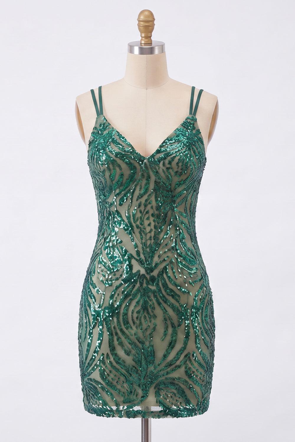 Dressystars Dark Green V-Neck Sequin Tight Short Homecoming Dress