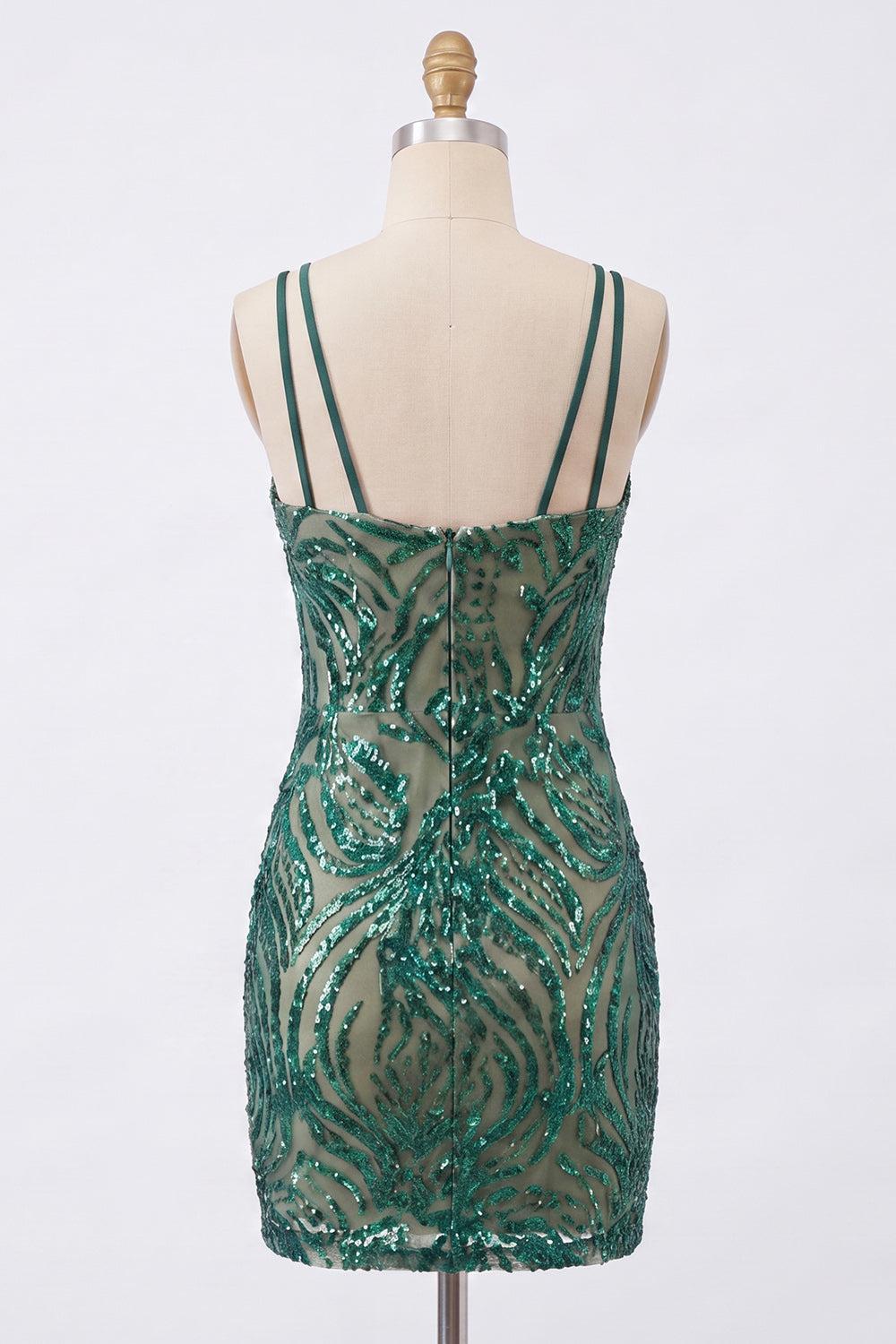 Dressystars Dark Green V-Neck Sequin Tight Short Homecoming Dress