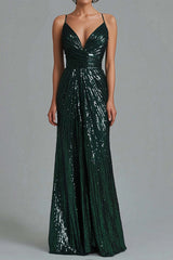 Dressystars Dark Green Wedding Guest Dress Mermaid Spaghetti Straps Sequins Long Formal Dress