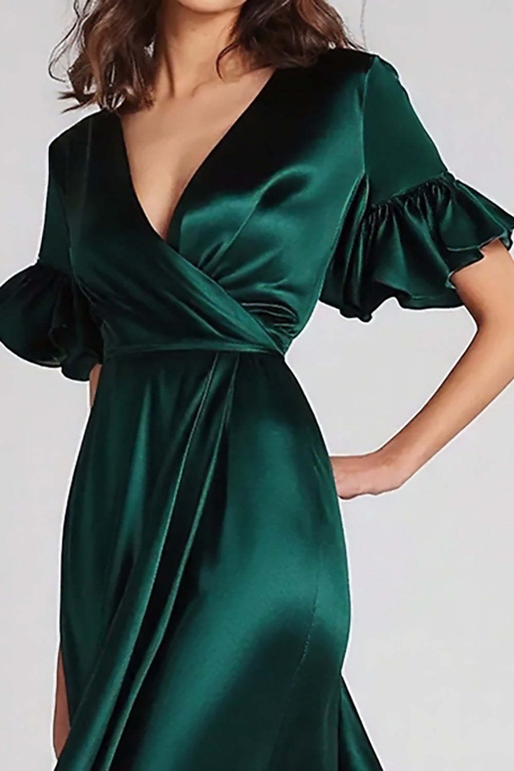 Dressystars Dark Green Wedding Guest Dress V-Neck Satin Long Formal Dress With Ruffles