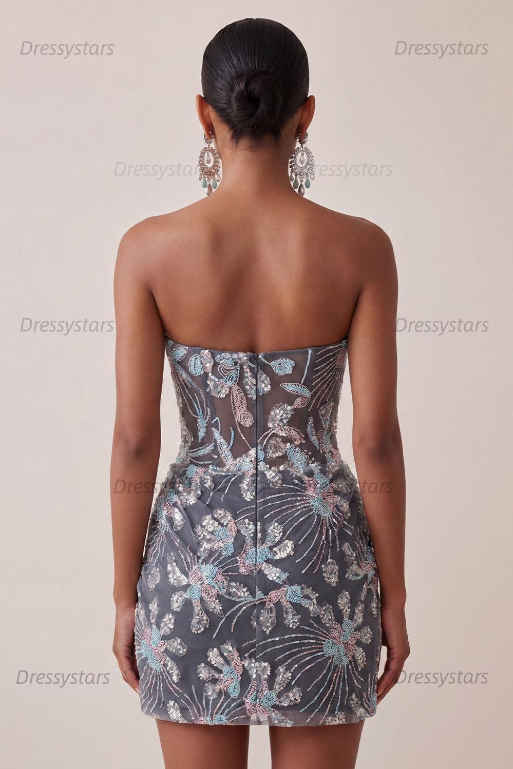 Dressystars Dark Grey Floral Draped Corset Strapless Tight Short Homecoming Dress