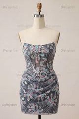 Dressystars Dark Grey Floral Draped Corset Strapless Tight Short Homecoming Dress