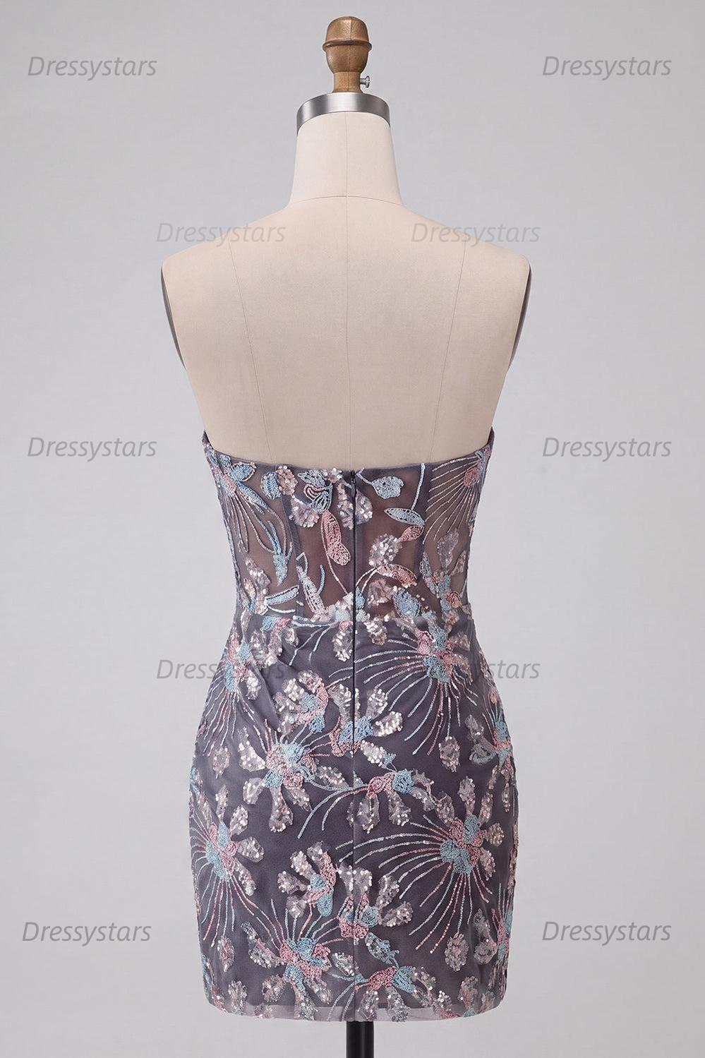 Dressystars Dark Grey Floral Draped Corset Strapless Tight Short Homecoming Dress
