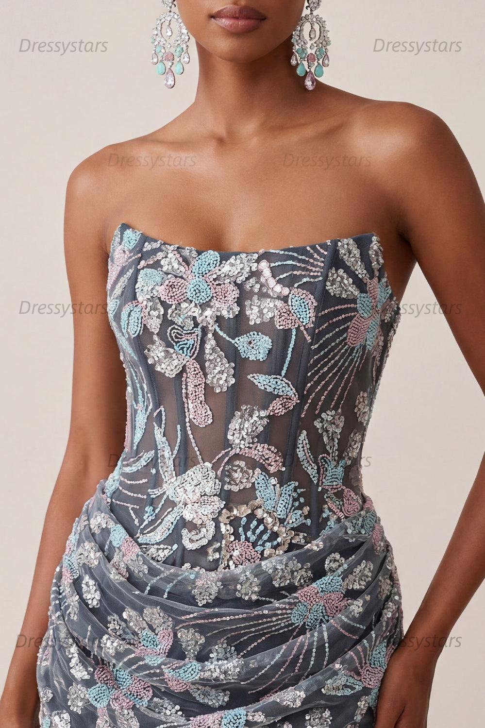 Dressystars Dark Grey Floral Draped Corset Strapless Tight Short Homecoming Dress