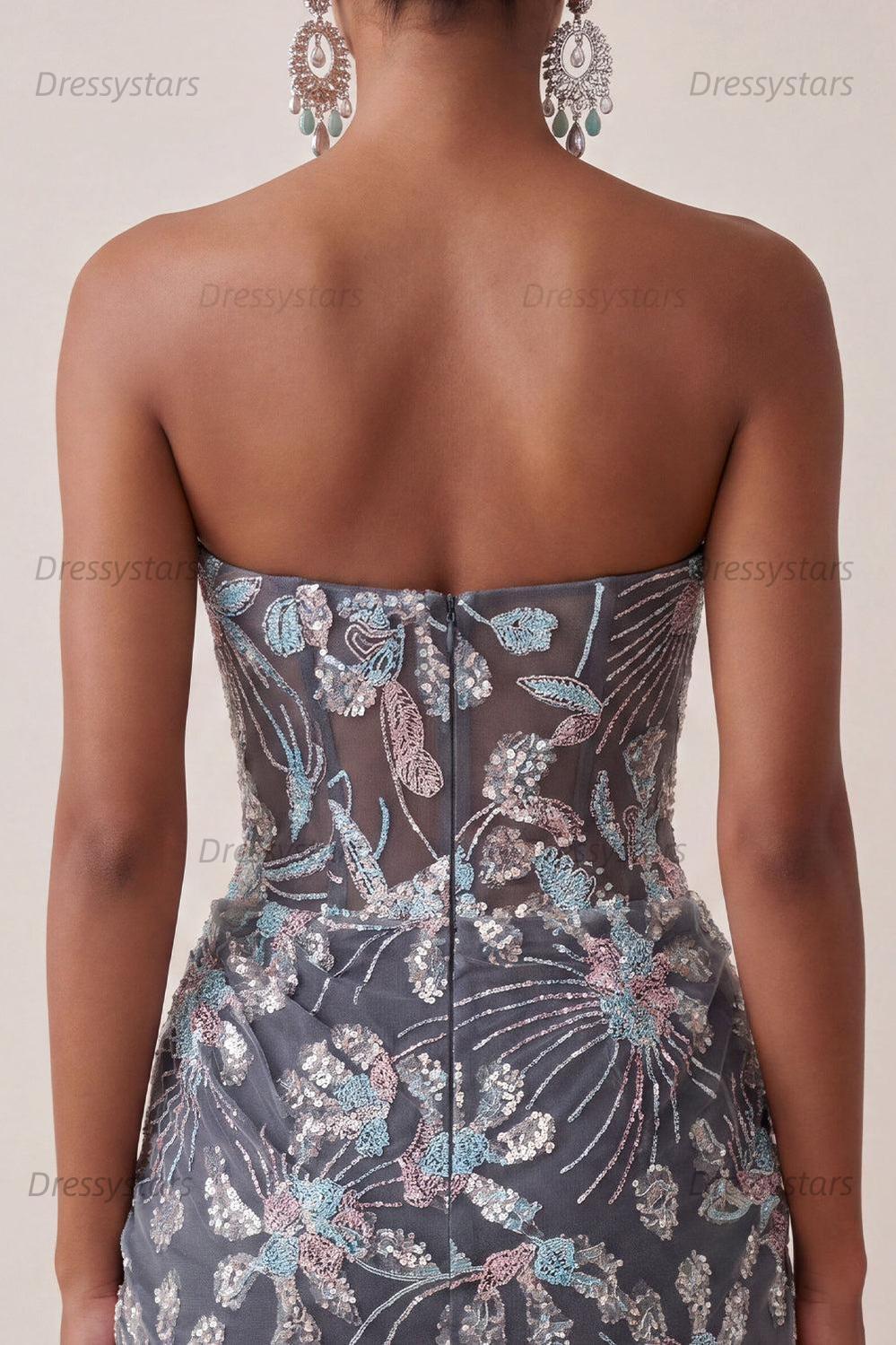 Dressystars Dark Grey Floral Draped Corset Strapless Tight Short Homecoming Dress