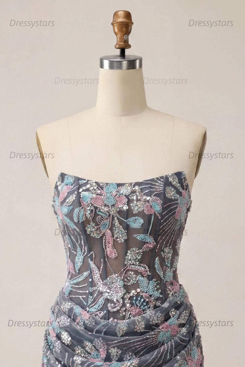 Dressystars Dark Grey Floral Draped Corset Strapless Tight Short Homecoming Dress