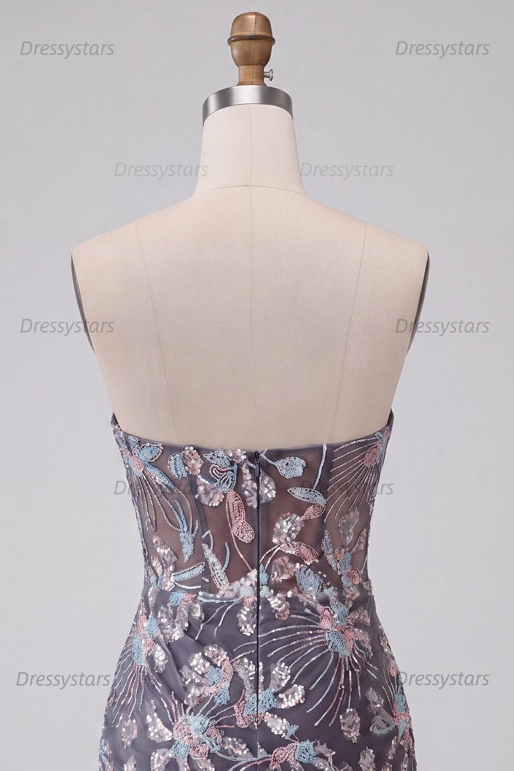 Dressystars Dark Grey Floral Draped Corset Strapless Tight Short Homecoming Dress