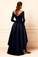 Dressystars Dark Navy V Neck Satin High Low Mother Of The Bride Dress With Pockets