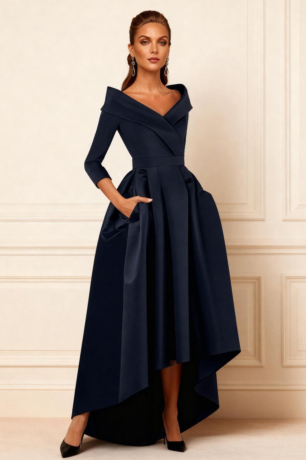 Dressystars Dark Navy V Neck Satin High Low Mother Of The Bride Dress With Pockets