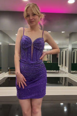 Dressystars Dark Purple Homecoming Dress Corset Tight Short Prom Dress With Beadings