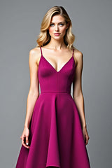 Dressystars Dark Purple Wedding Guest Dress A Line V-Neck Satin Long Formal Dress With Ruffles