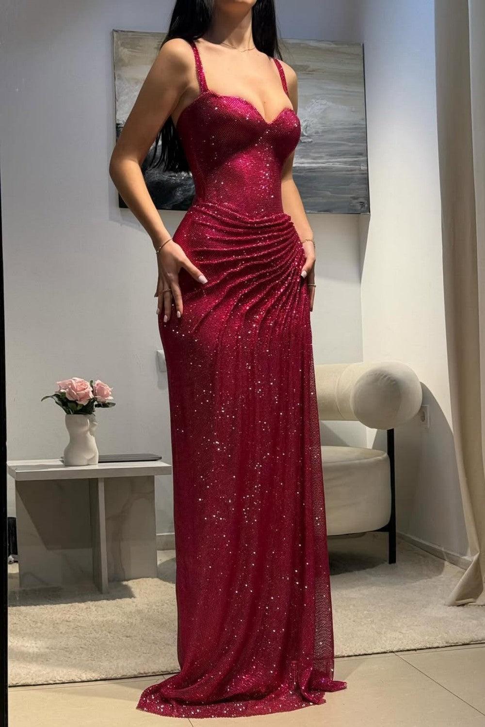 Dressystars Dark Red Glitter Bodycon Homecoming Dress With Sweetheart Neck Spaghetti Straps Ruched Side Slit Formal Evening Gown