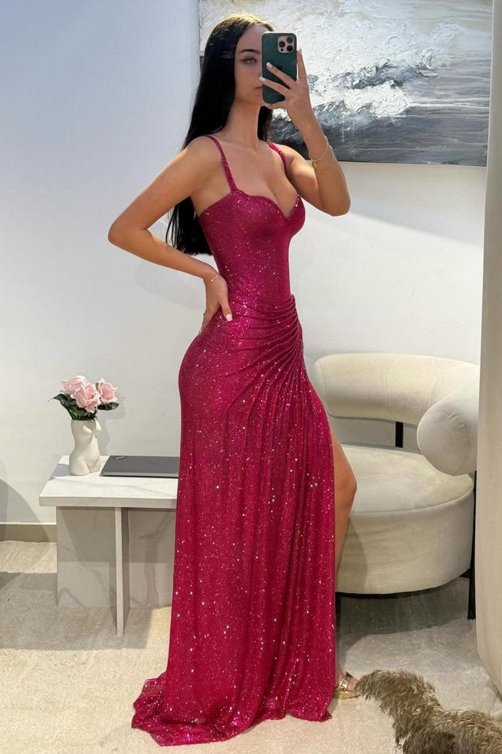 Dressystars Dark Red Glitter Bodycon Homecoming Dress With Sweetheart Neck Spaghetti Straps Ruched Side Slit Formal Evening Gown