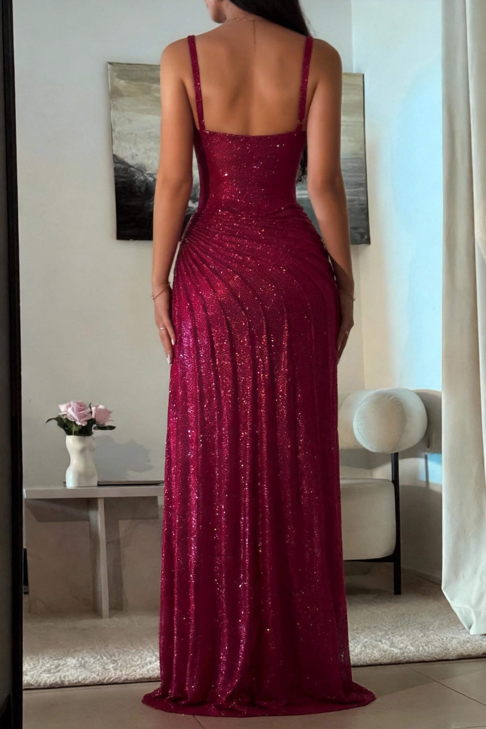 Dressystars Dark Red Glitter Bodycon Homecoming Dress With Sweetheart Neck Spaghetti Straps Ruched Side Slit Formal Evening Gown