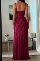 Dressystars Dark Red Glitter Bodycon Homecoming Dress With Sweetheart Neck Spaghetti Straps Ruched Side Slit Formal Evening Gown